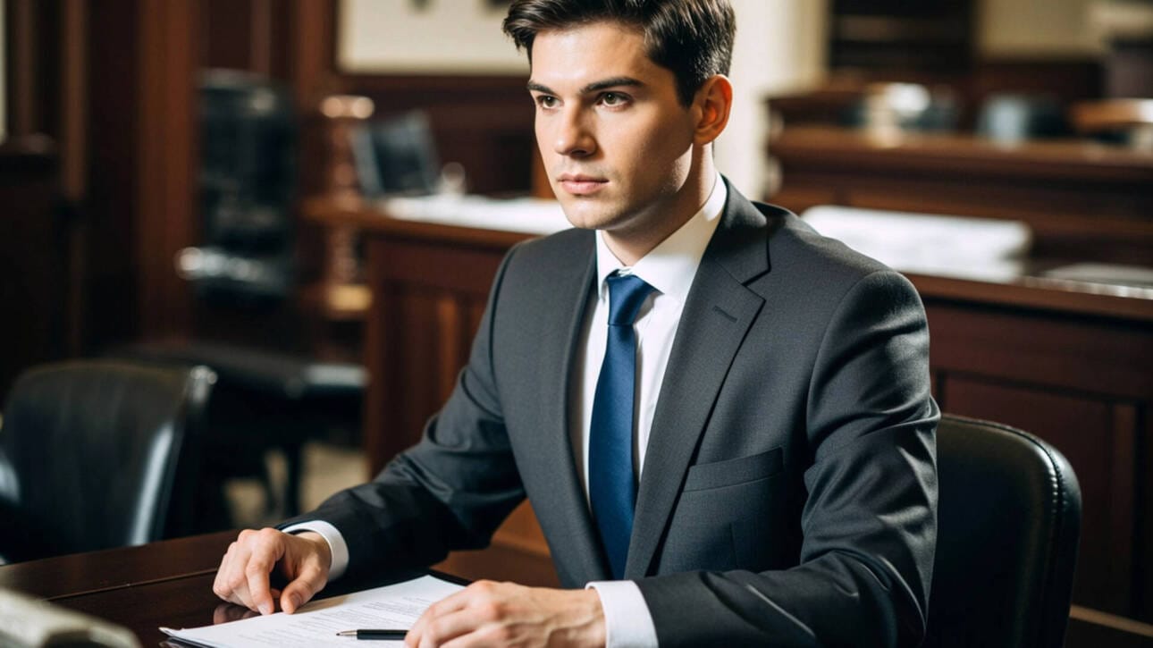 KI Bild. Junger Anwalt im Gerichtsaal.