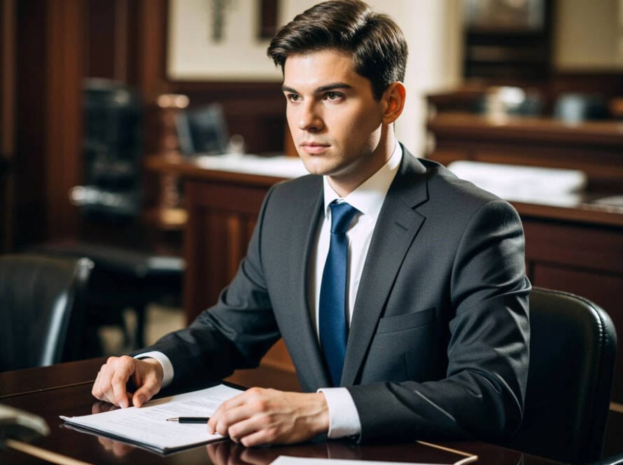 KI Bild. Junger Anwalt im Gerichtsaal.