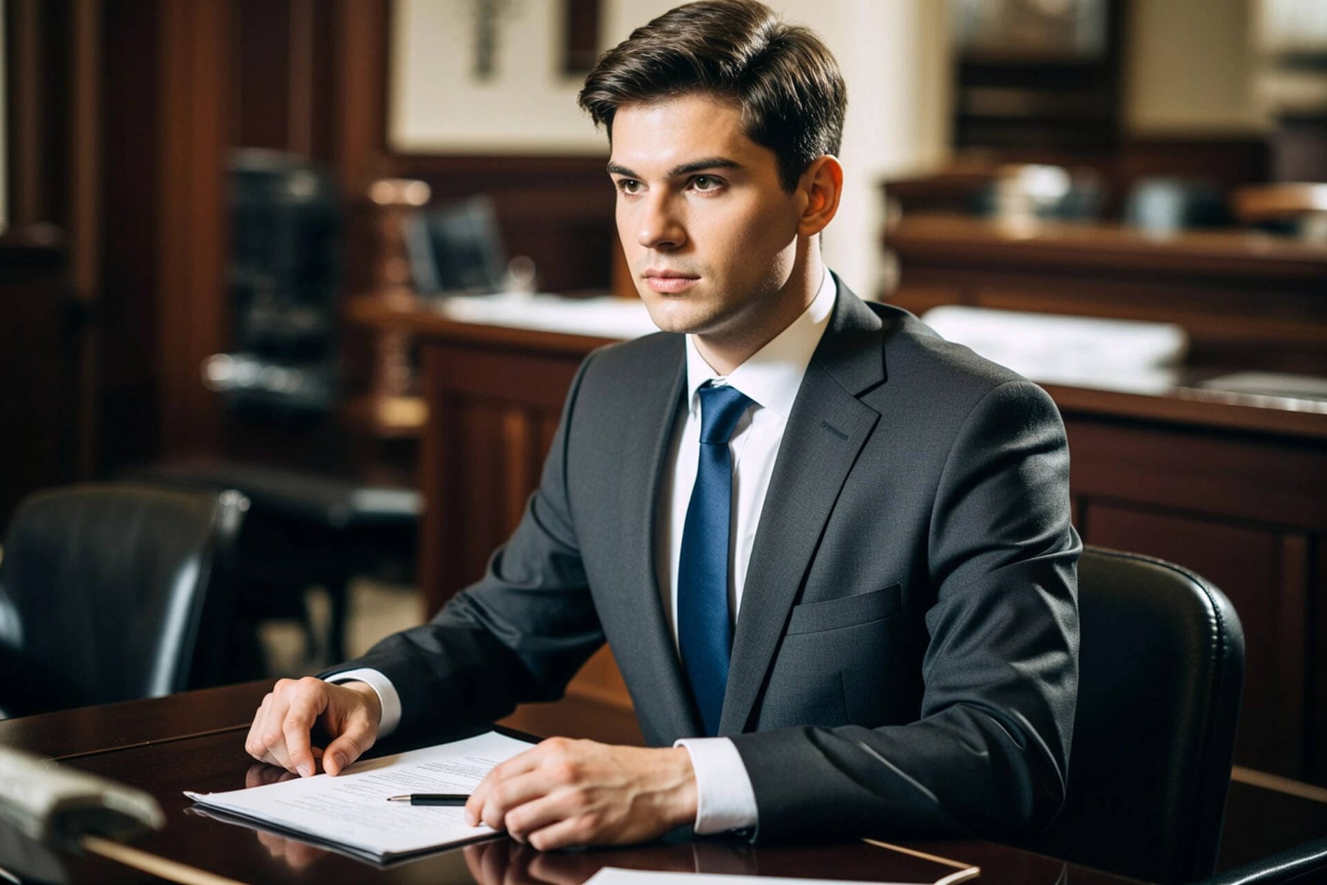 KI Bild. Junger Anwalt im Gerichtsaal.
