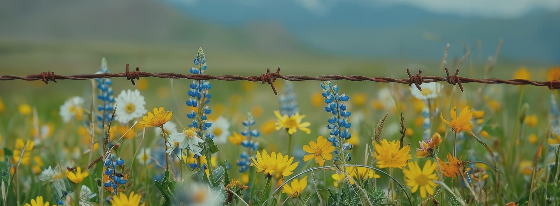 Stacheldraht vor einer blühenden Wiese