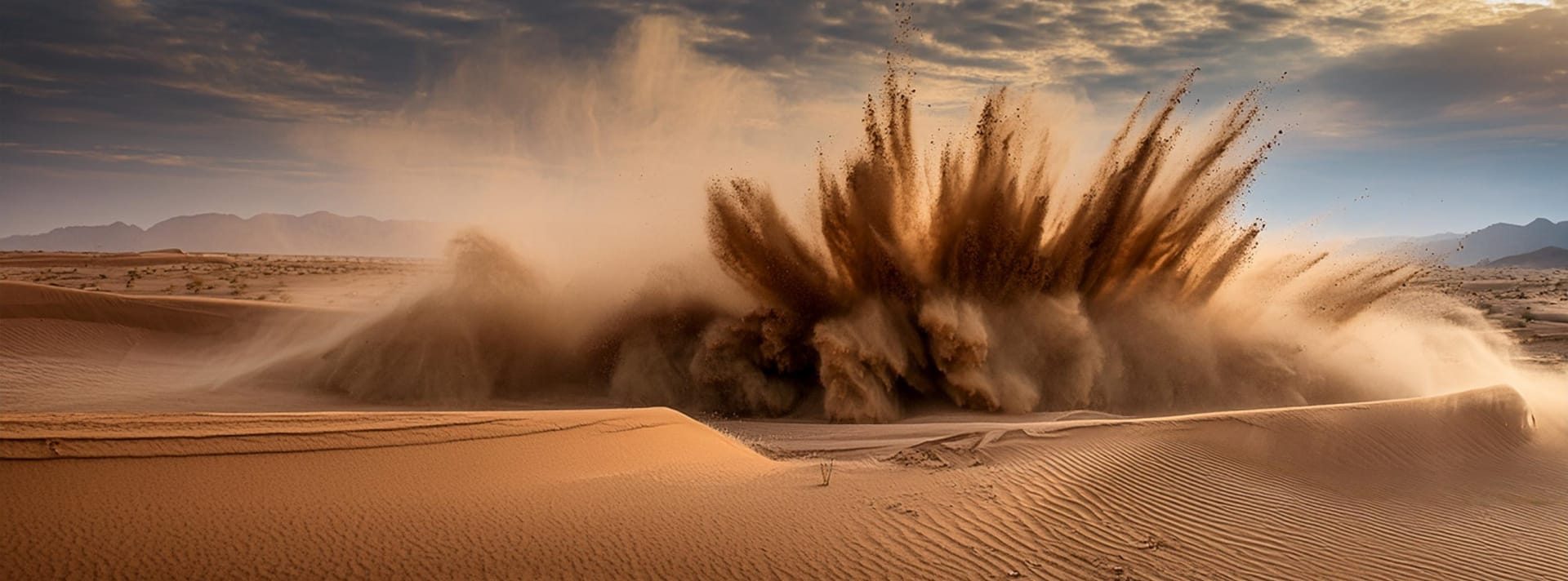 Aufwirbelnder Sand in einer heißen Wüste
