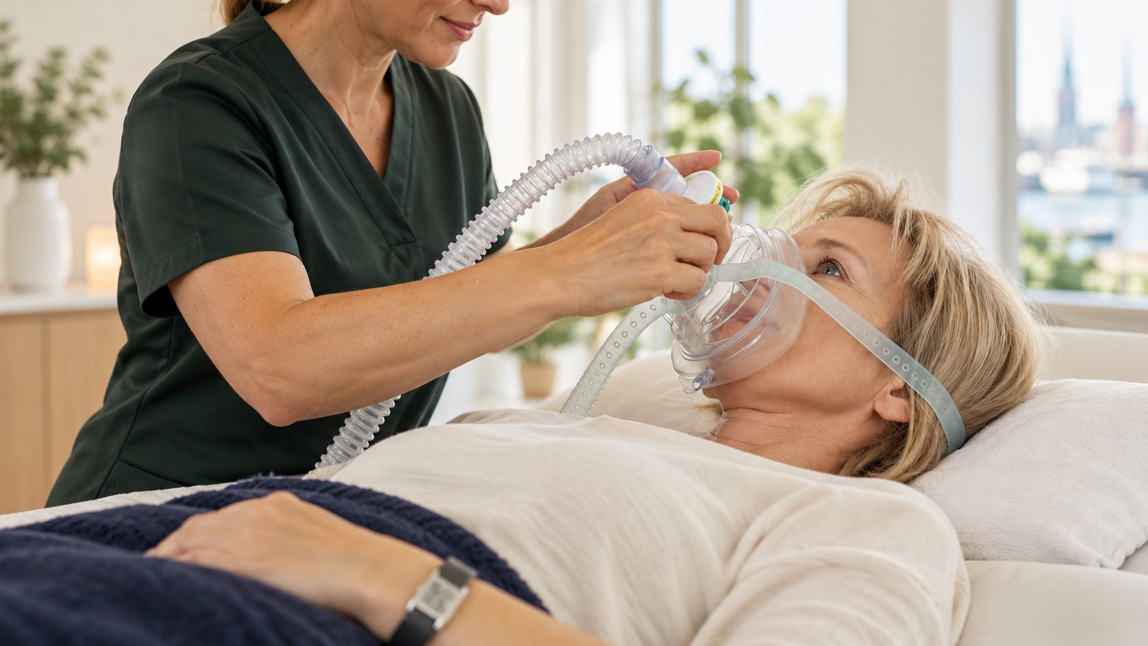 Patientin liegt entspannt mit Atemmaske bei der IHHT-Anwendung