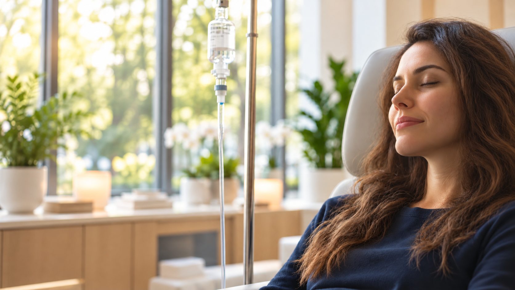 Patientin entspannt sich während einer Infusion