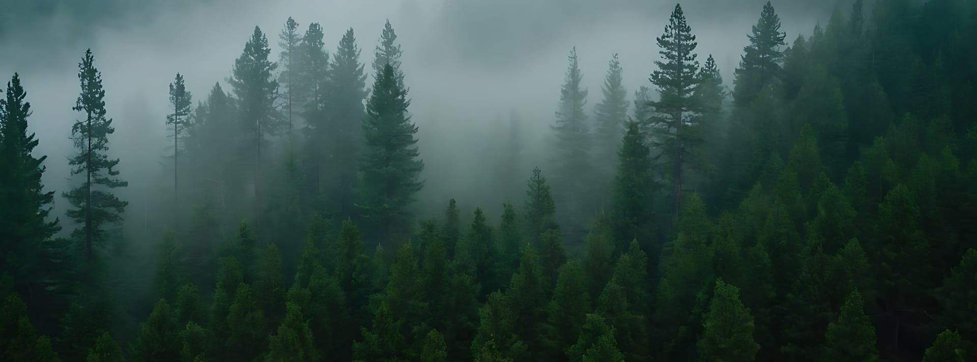 Nadelwald im dichten Nebel