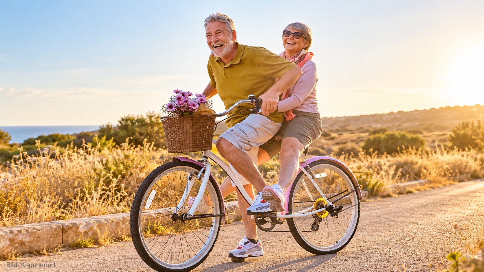 Älteres Paar fährt lachend gemeinsam Fahrrad - aktiv und vital im Alter